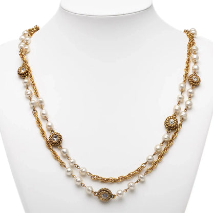 Chanel Gold Plated Rhinestone Faux Pearl Chain Long Necklace