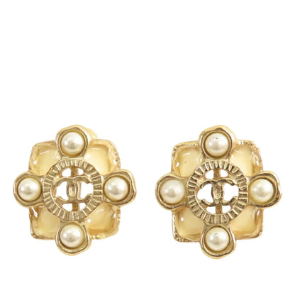 Chanel CC Gold Plated Resin and Faux Pearl Push Back Earrings