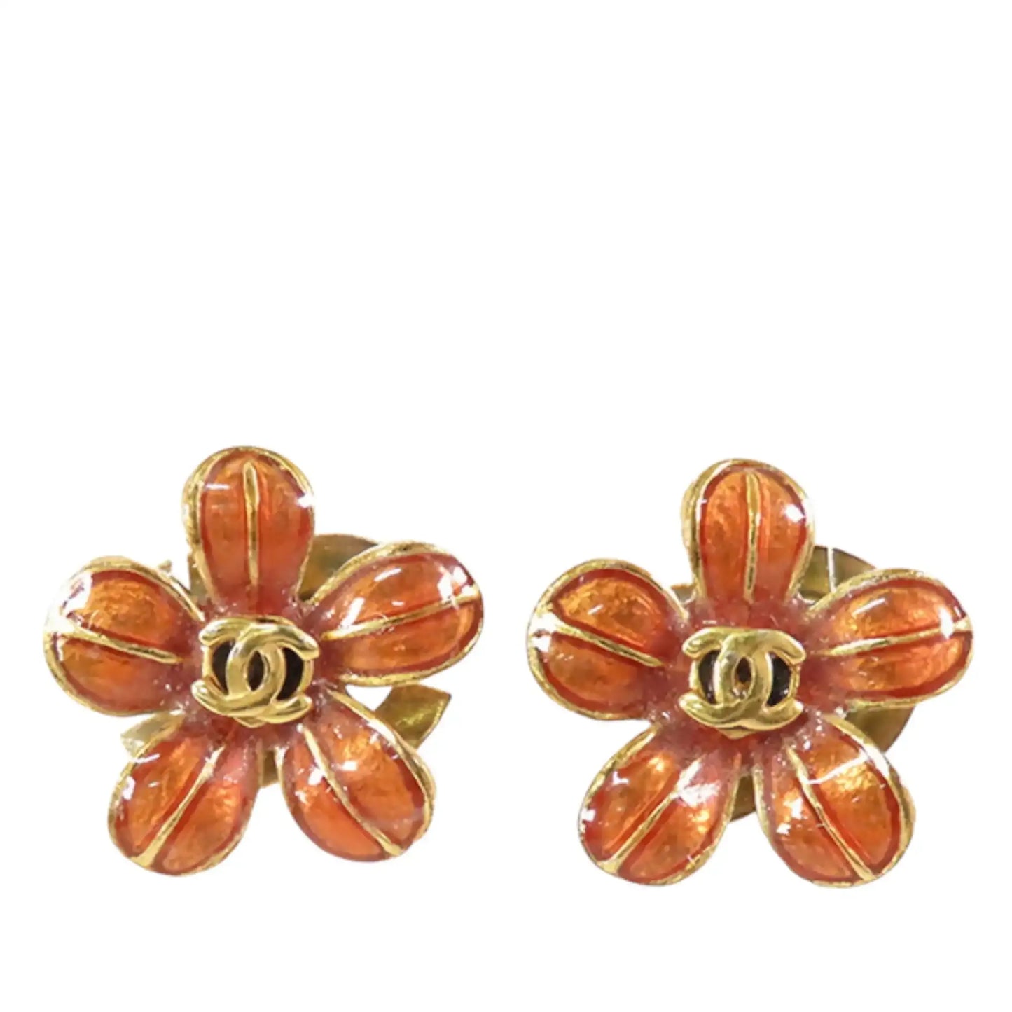 Chanel Gold Plated Resin CC Flower Push Back Earrings
