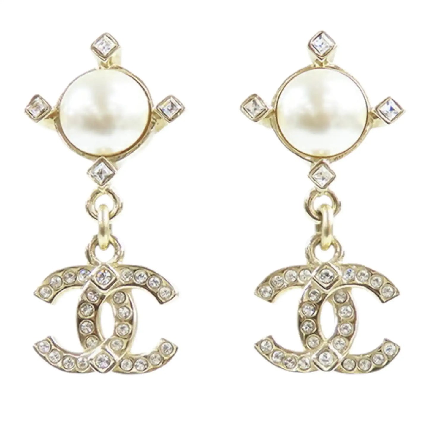 Chanel CC Gold Plated Faux Pearl Swing Push Back Earrings