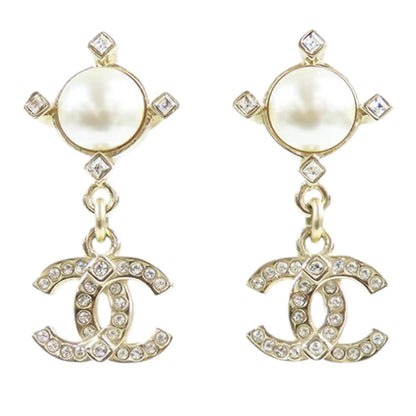 Chanel CC Gold Plated Faux Pearl Swing Push Back Earrings