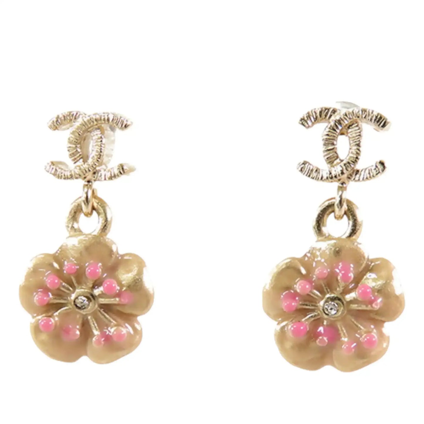 Chanel Gold Plated Enamel and Rhinestone CC Flower Drop Push Back Earrings