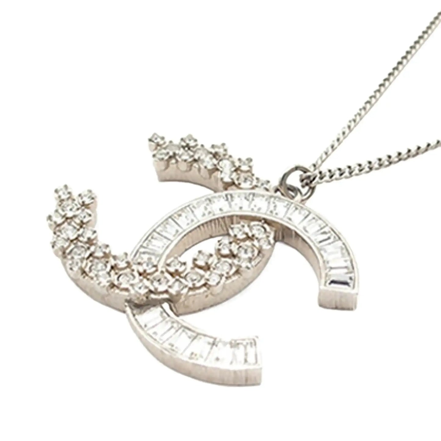 Chanel CC Silver Plated Rhinestones Pendant Necklace
