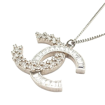 Chanel CC Silver Plated Rhinestones Pendant Necklace