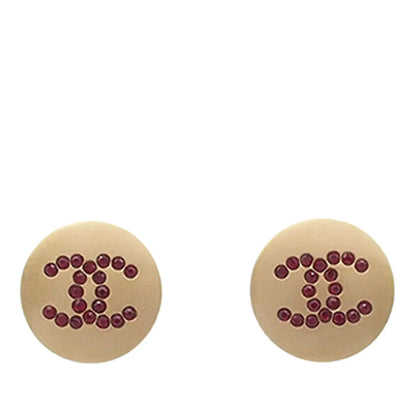 Chanel Gold Plated CC Rhinestone Round Push Back Earrings