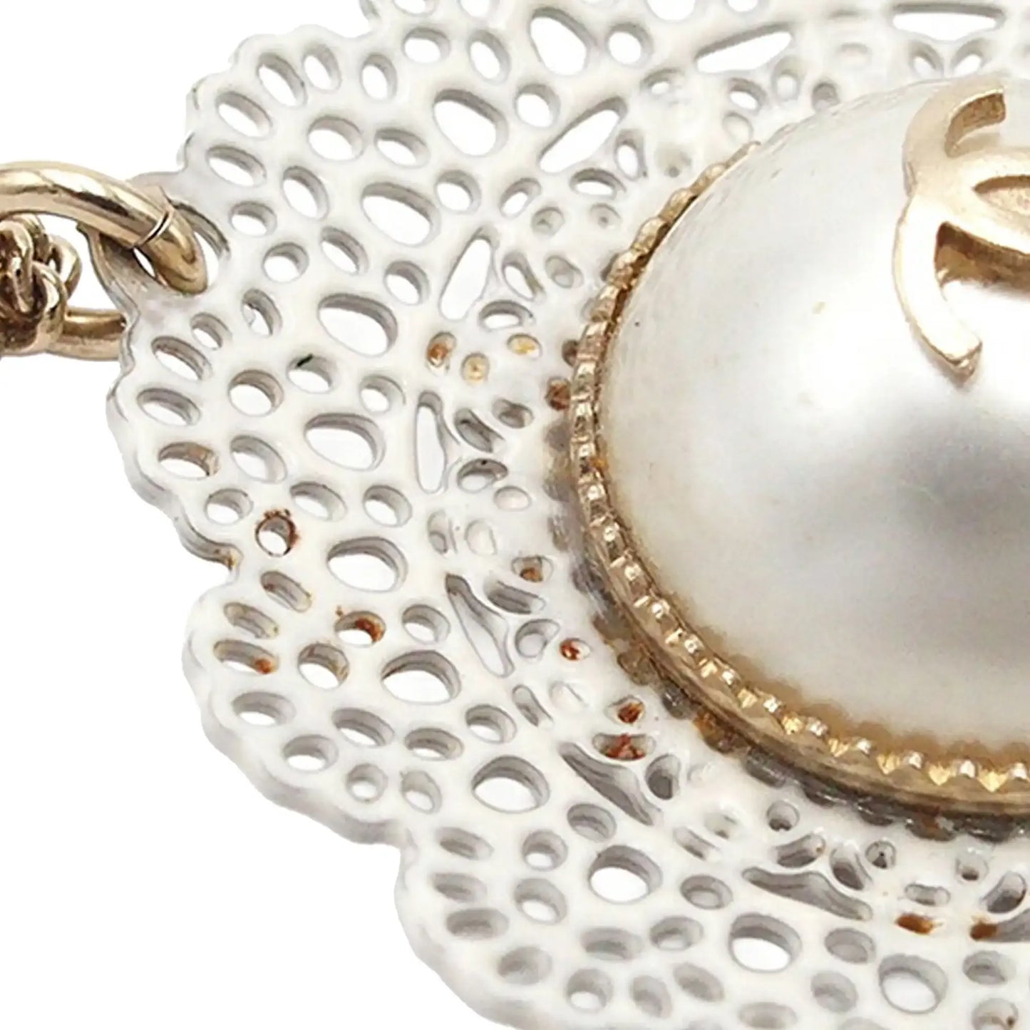 Chanel Gold Plated CC Faux Pearl Lace Pendant Necklace