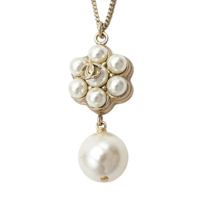 Chanel Gold Plated CC Faux Pearl Flower Drop Pendant Necklace