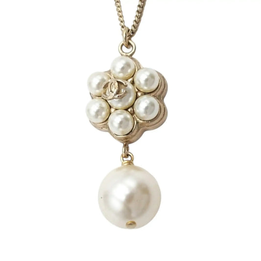 Chanel Gold Plated CC Faux Pearl Flower Drop Pendant Necklace