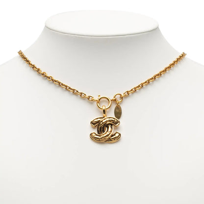 Chanel Gold Plated Quilted CC Pendant Necklace