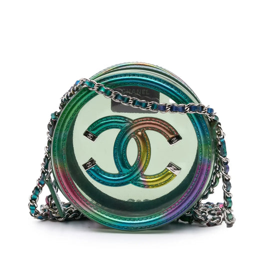 Chanel PVC and Metallic Lambskin CC Filigree Round Clutch with Chain