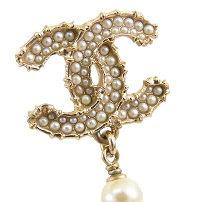 Chanel Gold Plated Faux Pearl CC Dangle Bullet Back Earrings