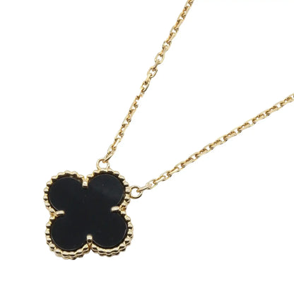 Van Cleef and Arpels 18K Yellow Gold and Onyx Vintage Alhambra Pendant Necklace