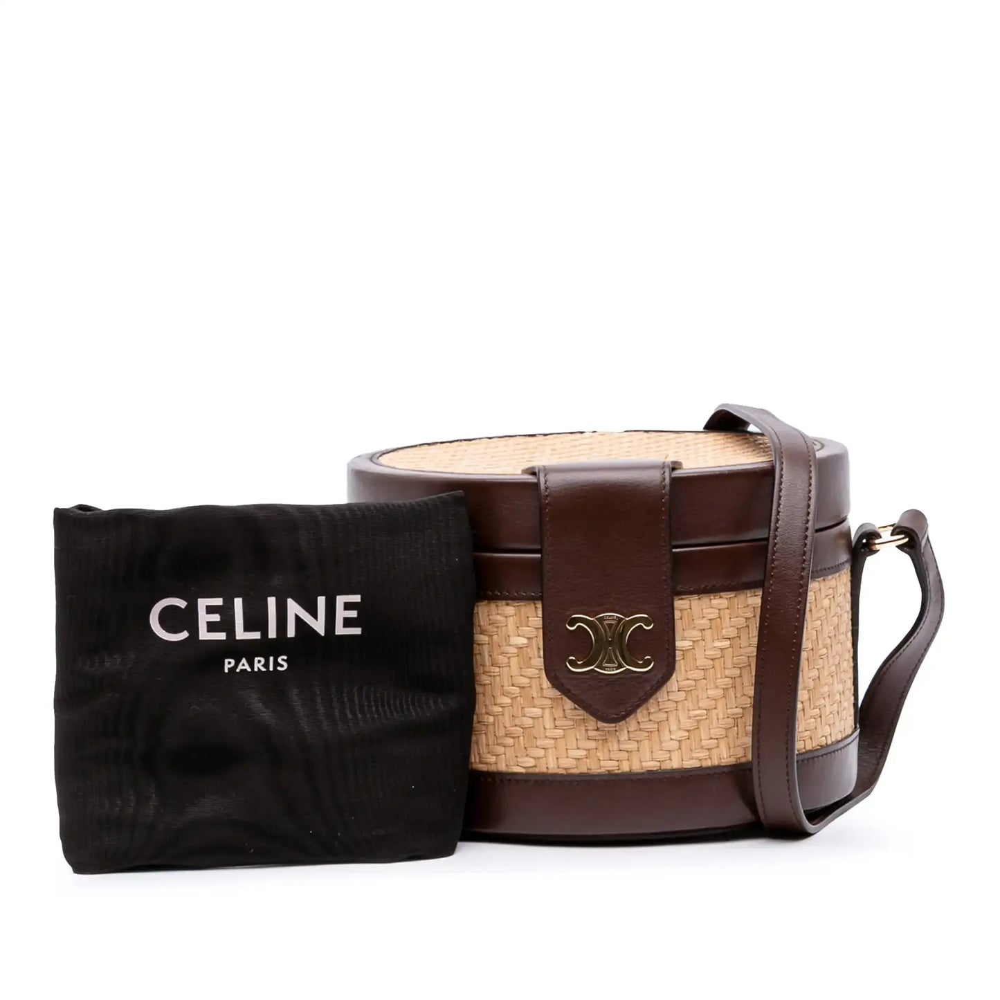Celine Medium Raffia and Calfskin Triomphe Tambour Vanity Bag