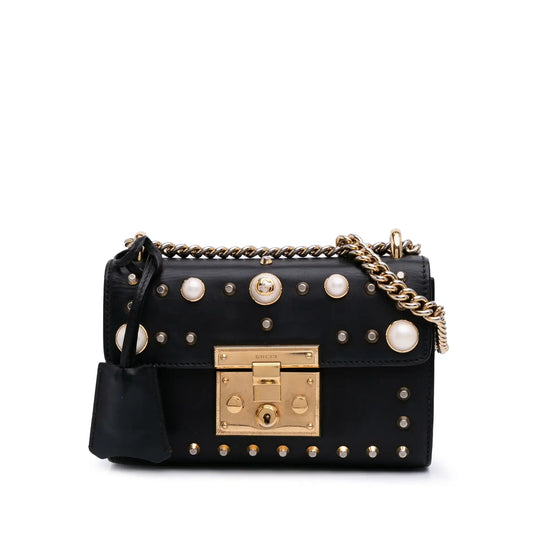 Gucci Small Pearl Studded Leather Padlock Crossbody