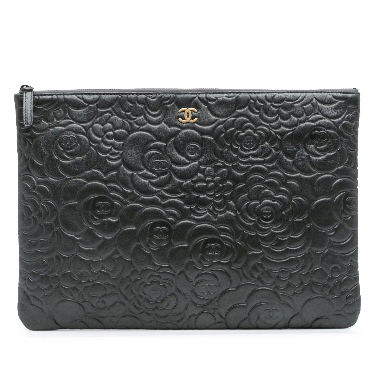 Chanel Large CC Embossed Lambskin Camellia O Case Clutch