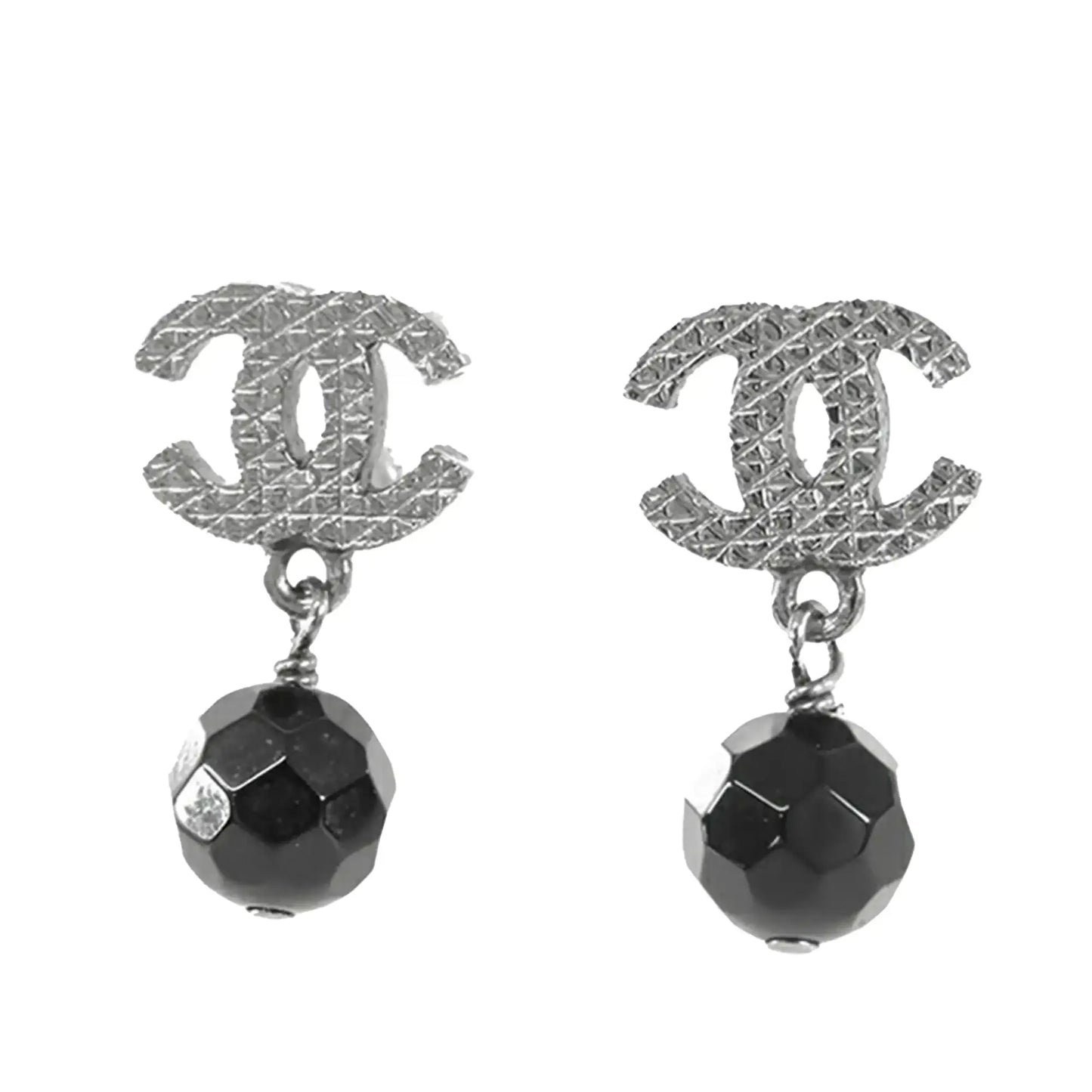 Chanel CC Silver Plated Bead Drop Push Back Earrings