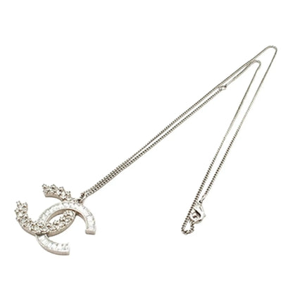 Chanel CC Silver Plated Rhinestones Pendant Necklace