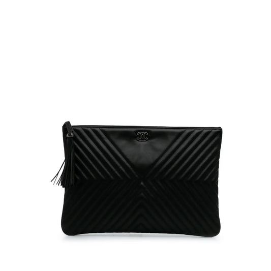 Chanel Large Diagonal Chevron Calfskin Tassel O Case Clutch