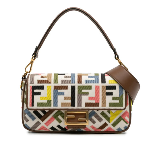 Fendi Zucca Canvas Embroidered Baguette Satchel