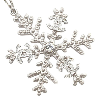Chanel Silver Plated CC Rhinestone Snowflake Pendant Necklace