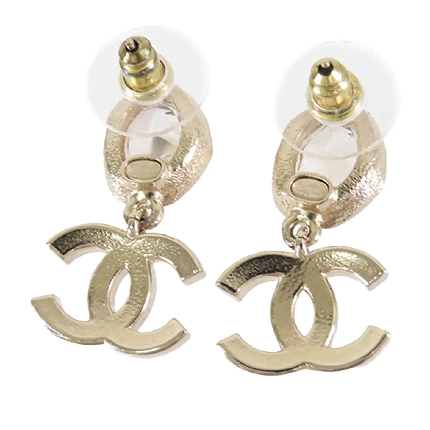 Chanel Gold Plated Crystal Faux Pearl CC Drop Push Back Earrings