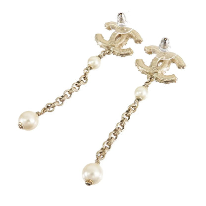 Chanel Gold Plated Faux Pearl CC Dangle Bullet Back Earrings