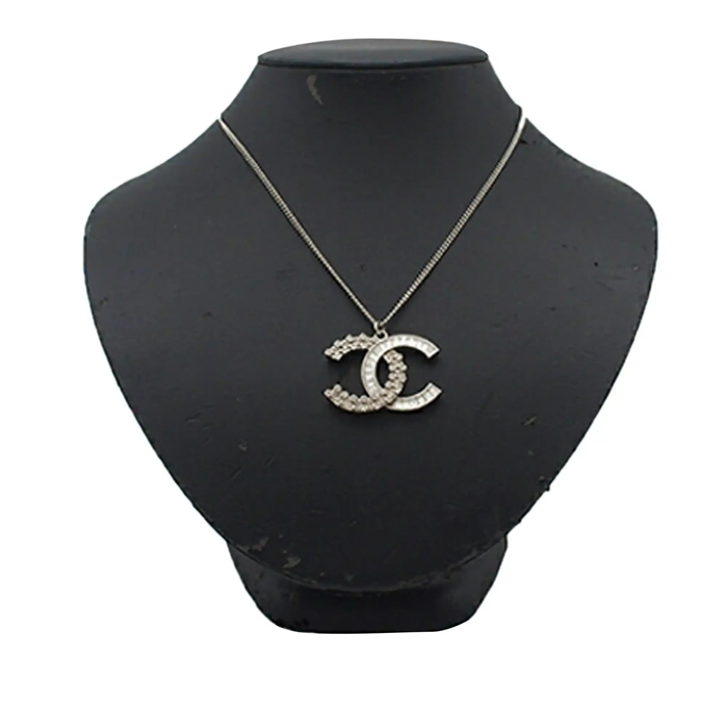 Chanel CC Silver Plated Rhinestones Pendant Necklace