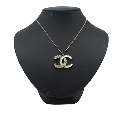 Chanel CC Silver Plated Rhinestones Pendant Necklace