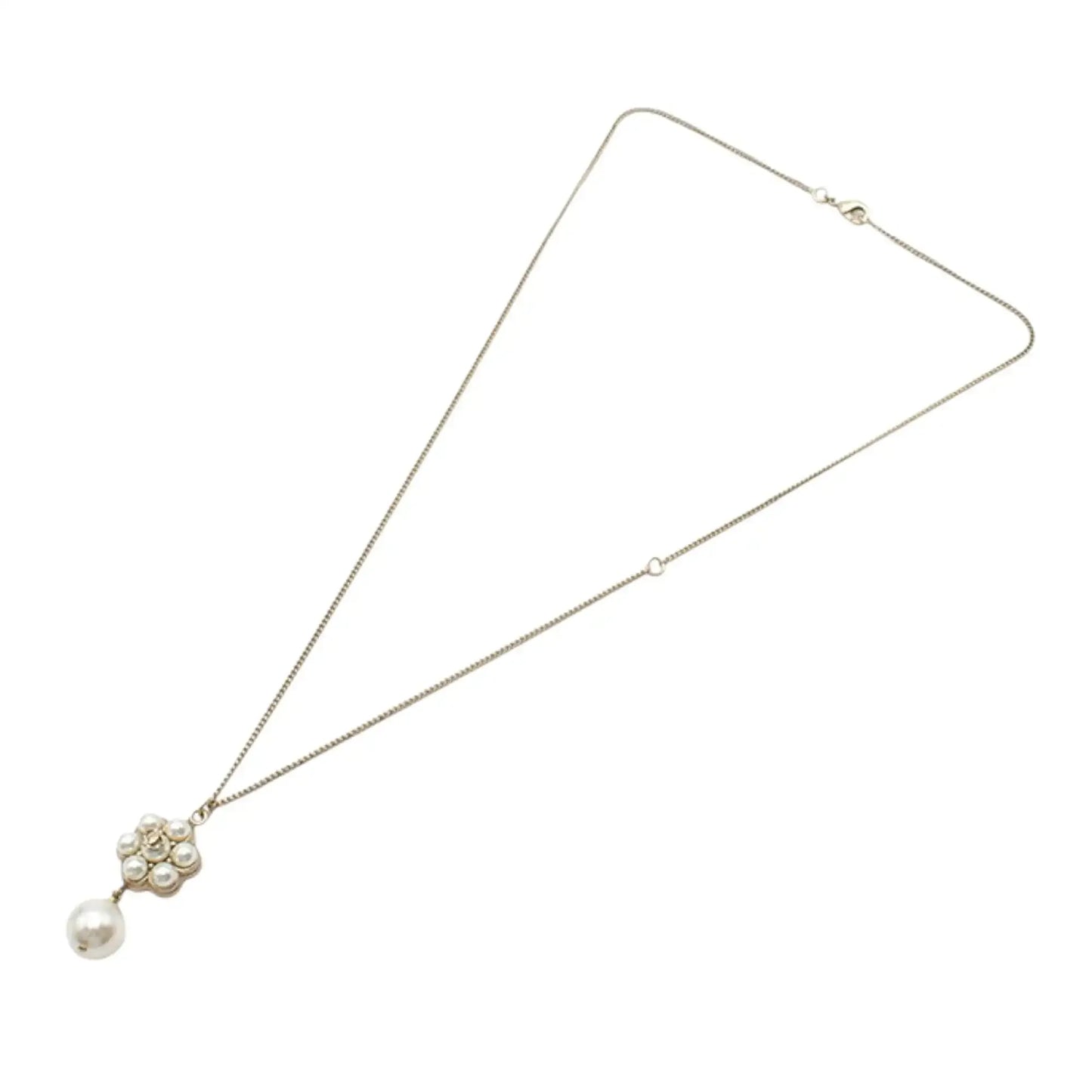 Chanel Gold Plated CC Faux Pearl Flower Drop Pendant Necklace