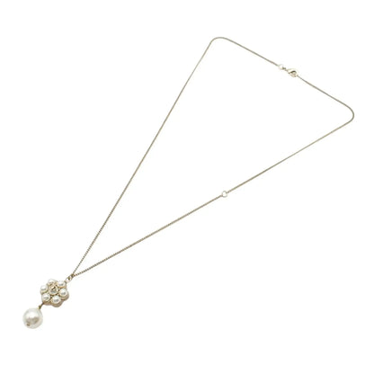 Chanel Gold Plated CC Faux Pearl Flower Drop Pendant Necklace