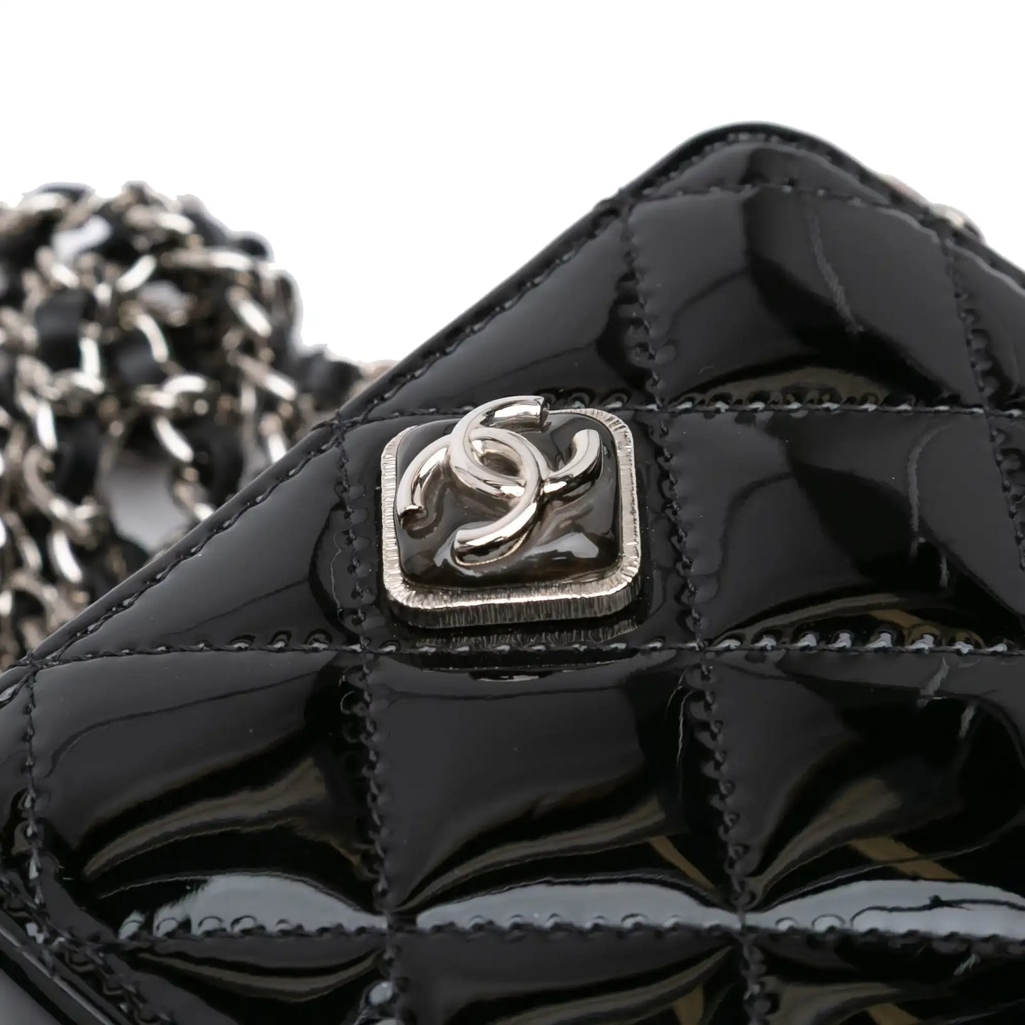 Chanel CC Quilted Patent Diamond Resin Clutch With Chain