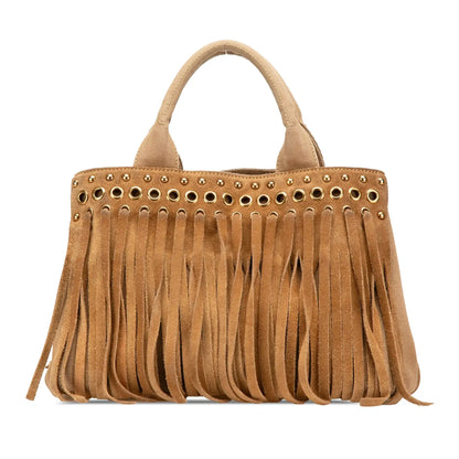 Prada Canvas and Suede Fringed Canapa Handbag