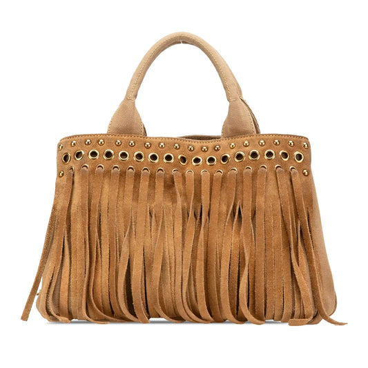 Prada Canvas and Suede Fringed Canapa Handbag