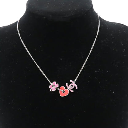 Chanel CC Silver Plated Enamel Heart and Clover Charm Pendant Necklace