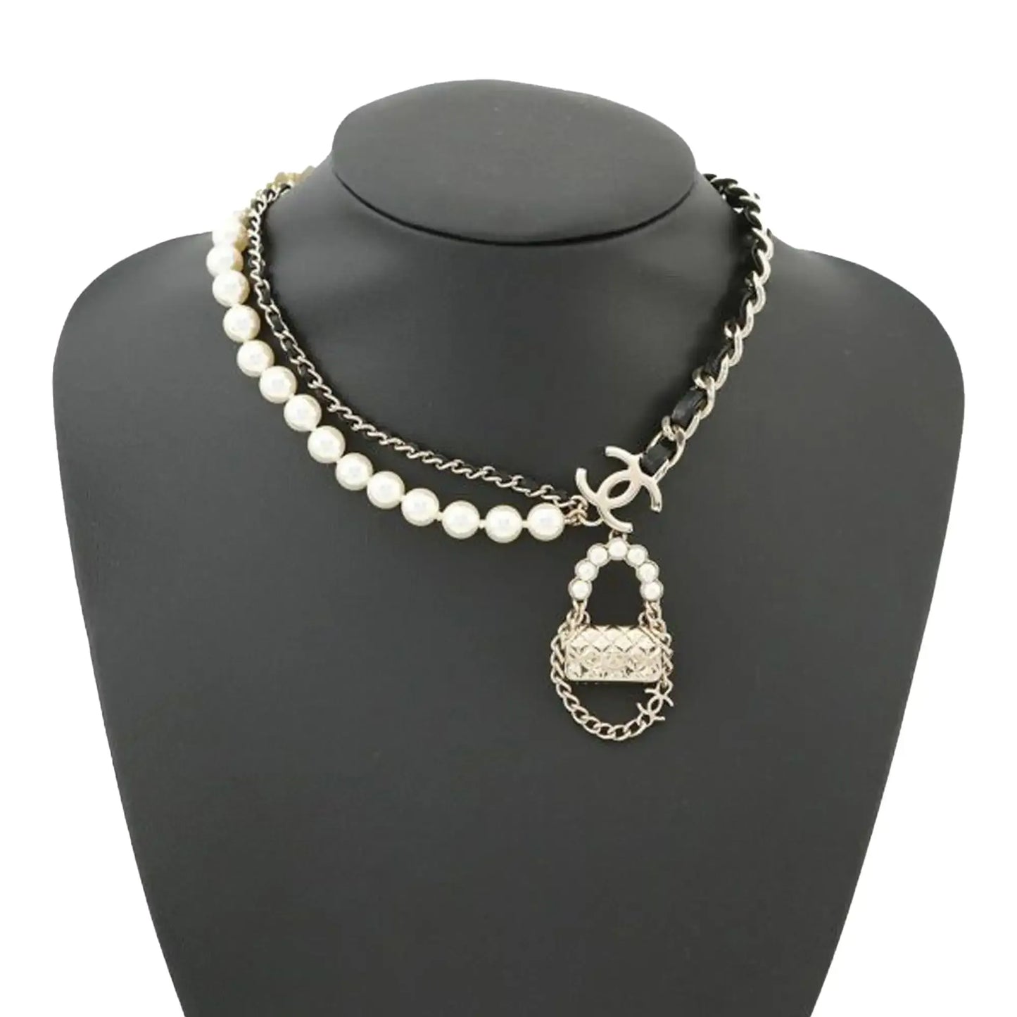 Chanel Gold Plated Chain And Faux Pearl Flap Bag Pendant Necklace