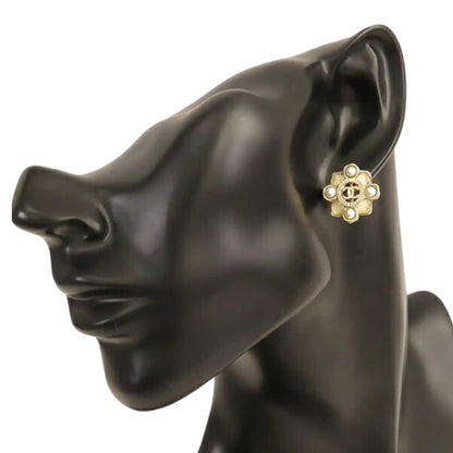 Chanel CC Gold Plated Resin and Faux Pearl Push Back Earrings