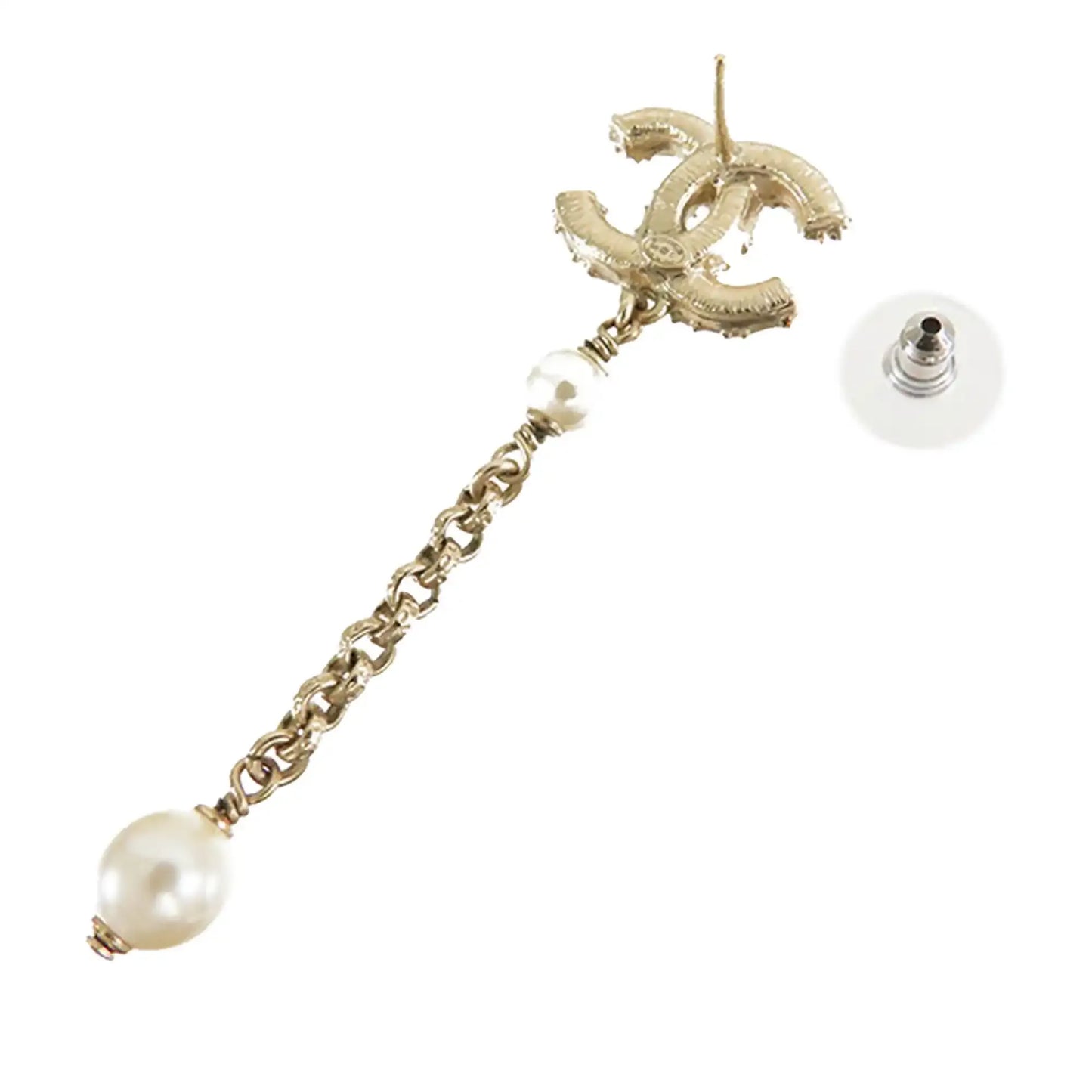 Chanel Gold Plated Faux Pearl CC Dangle Bullet Back Earrings
