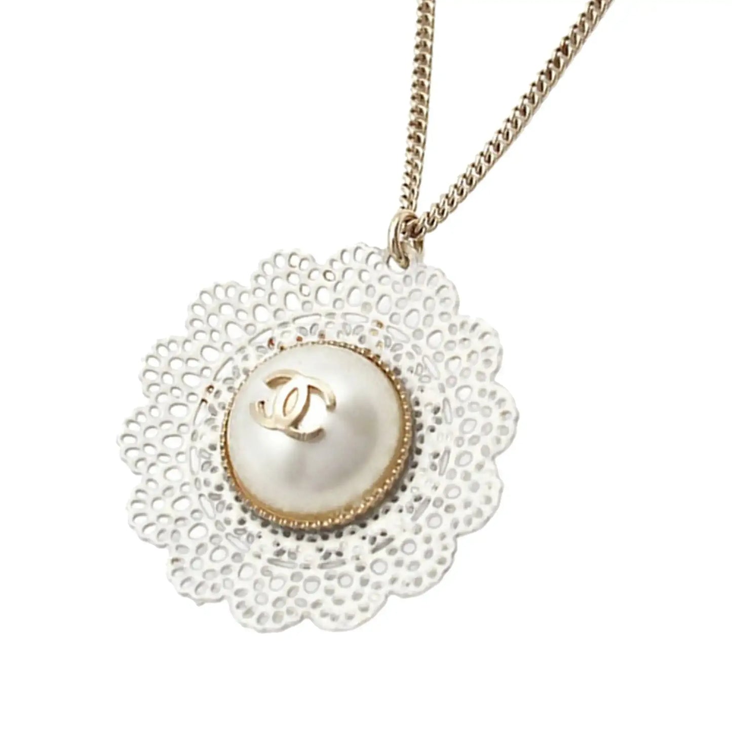 Chanel Gold Plated CC Faux Pearl Lace Pendant Necklace