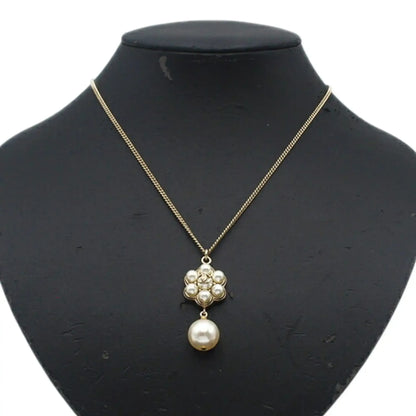 Chanel Gold Plated CC Faux Pearl Flower Drop Pendant Necklace