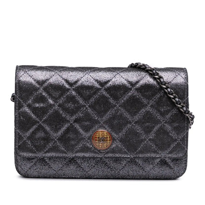 Chanel Quilted Iridescent Lambskin Tartan Button Wallet On Chain