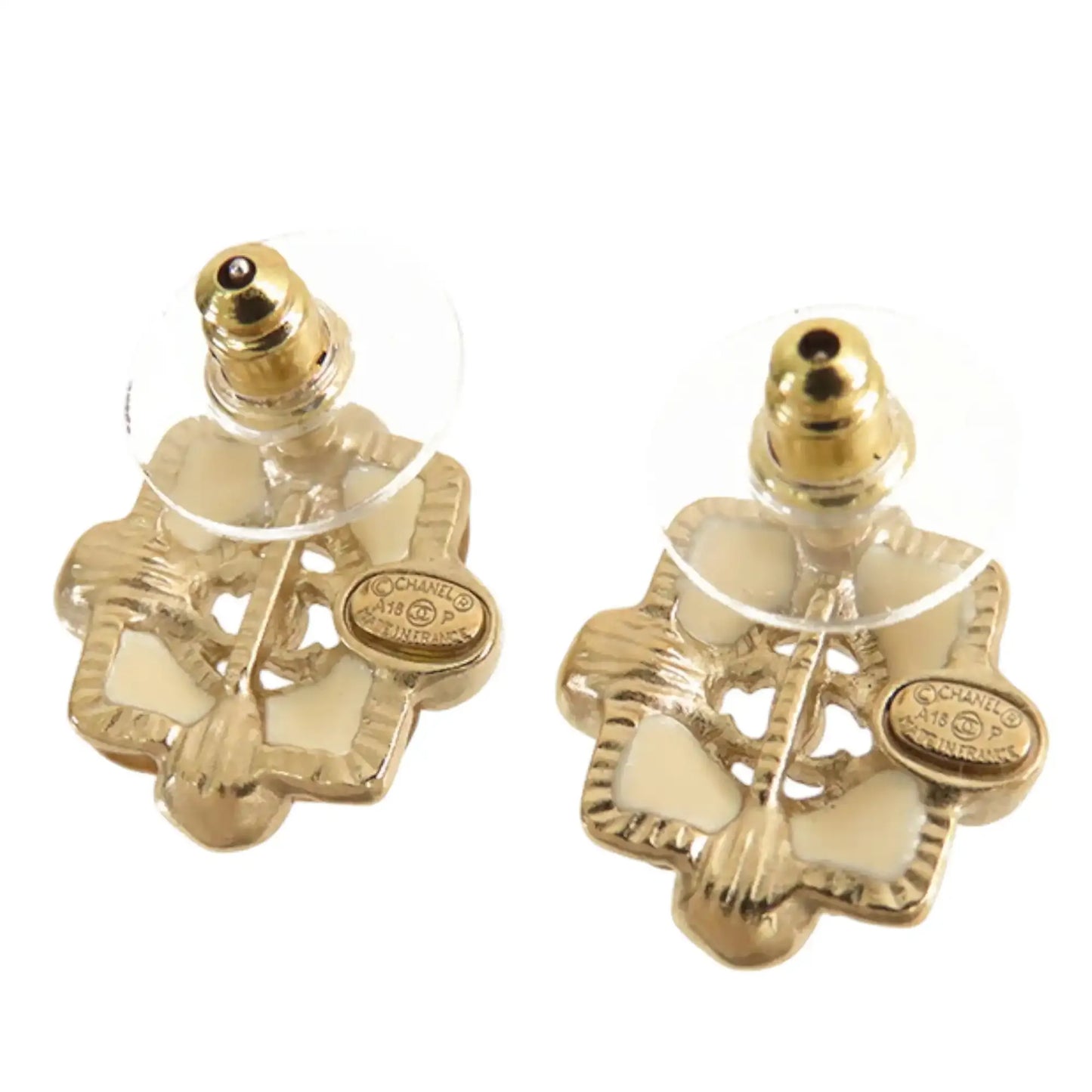 Chanel CC Gold Plated Resin and Faux Pearl Push Back Earrings