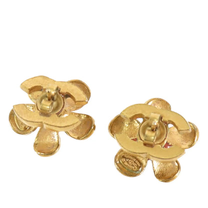 Chanel Gold Plated Resin CC Flower Push Back Earrings