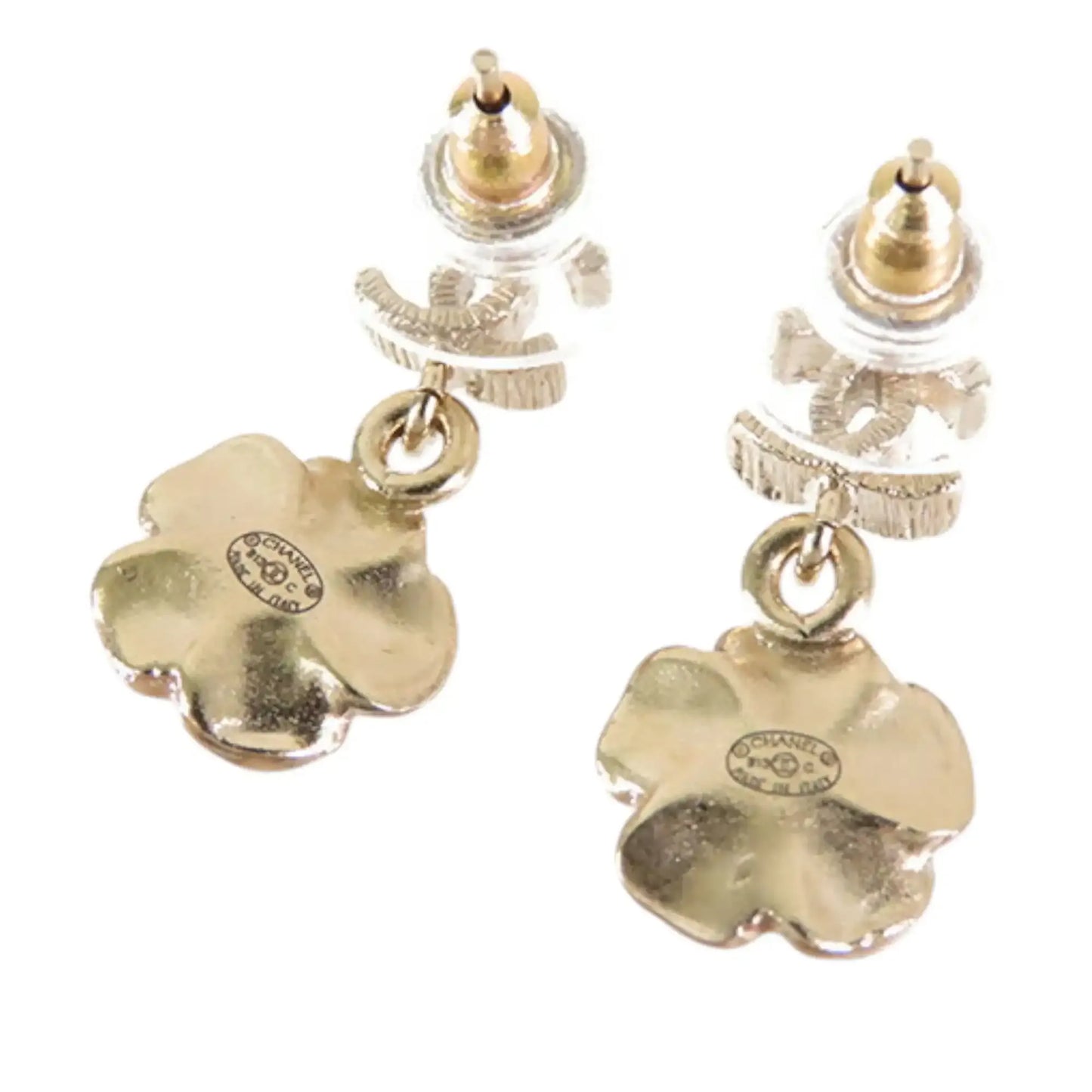 Chanel Gold Plated Enamel and Rhinestone CC Flower Drop Push Back Earrings