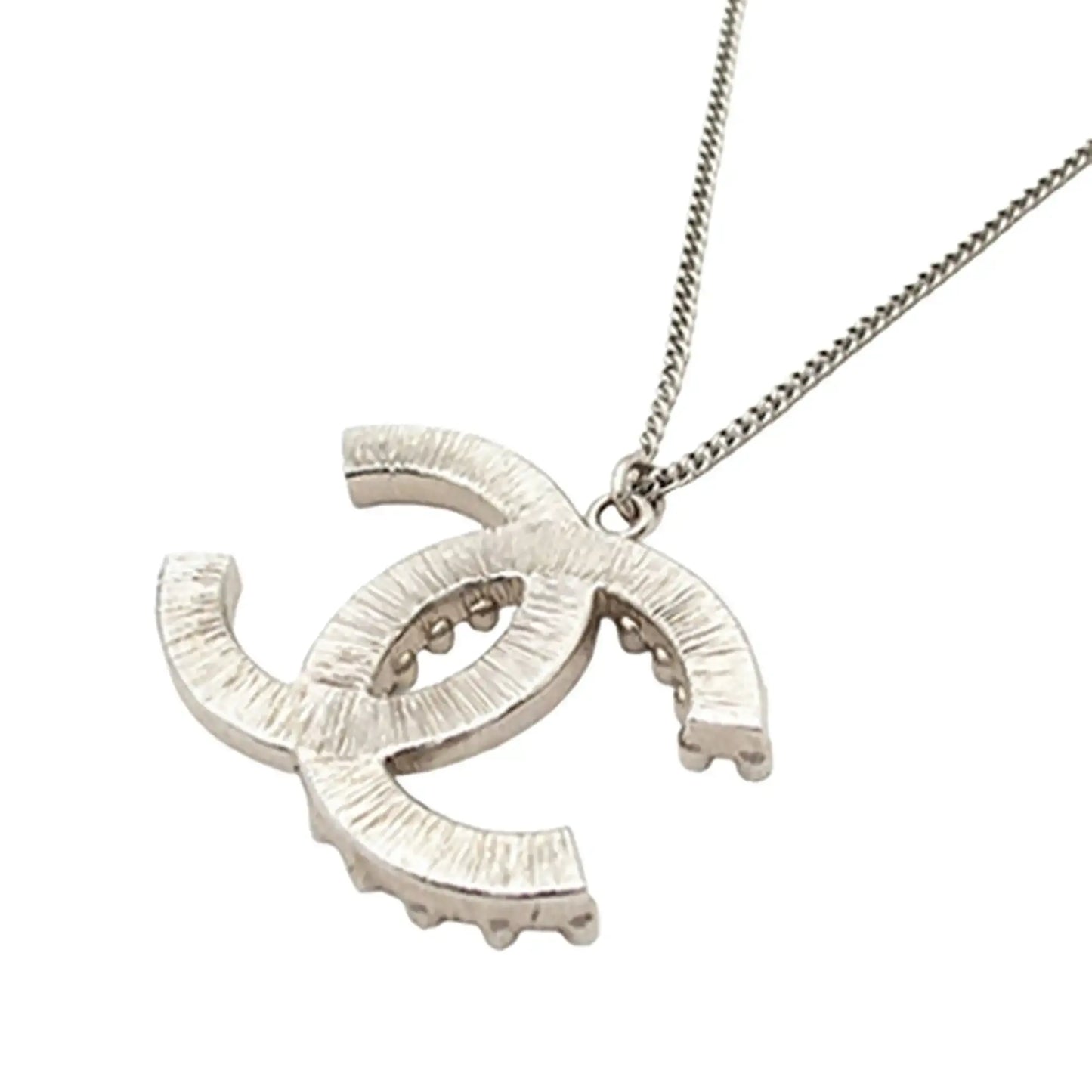 Chanel CC Silver Plated Rhinestones Pendant Necklace