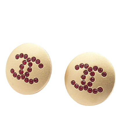 Chanel Gold Plated CC Rhinestone Round Push Back Earrings