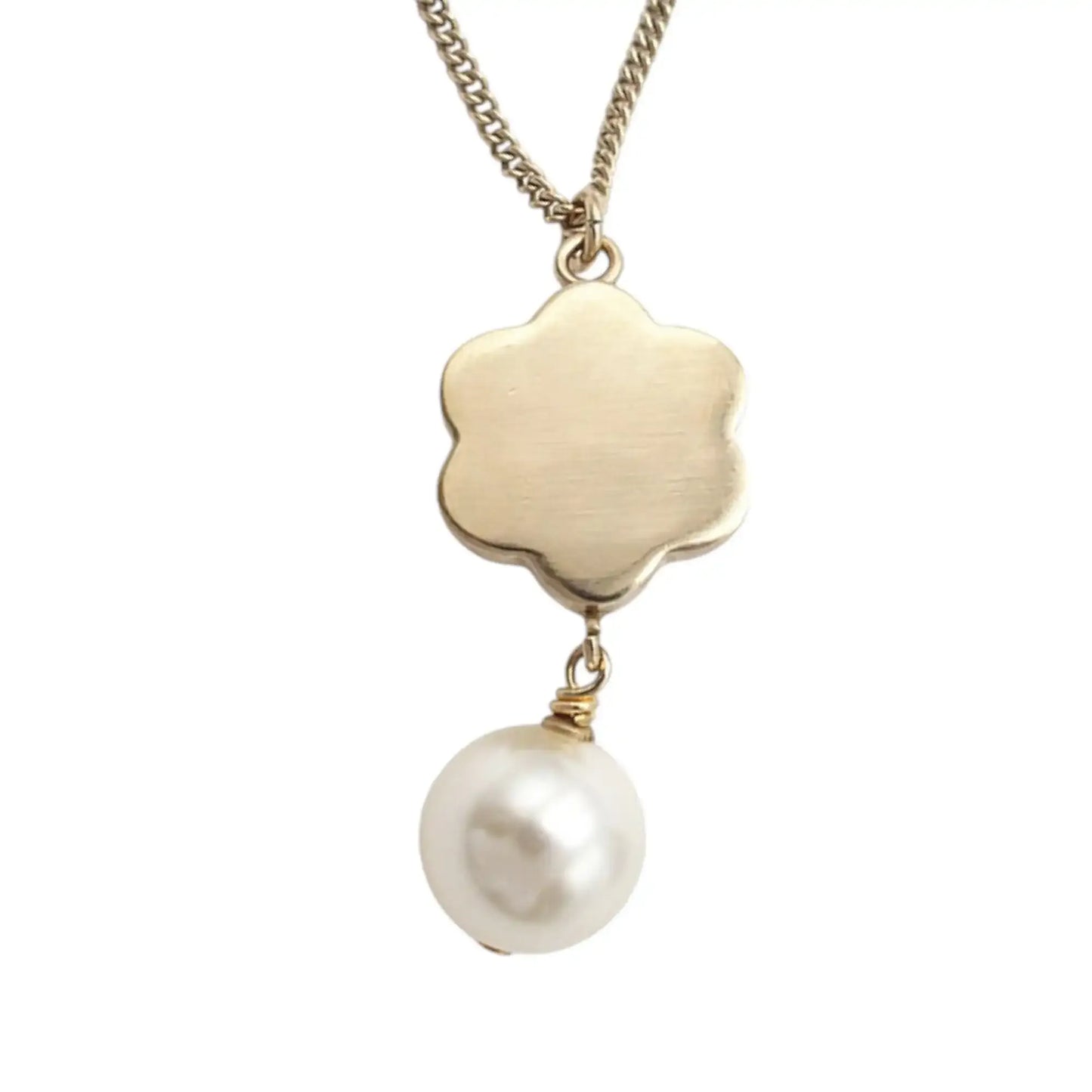 Chanel Gold Plated CC Faux Pearl Flower Drop Pendant Necklace