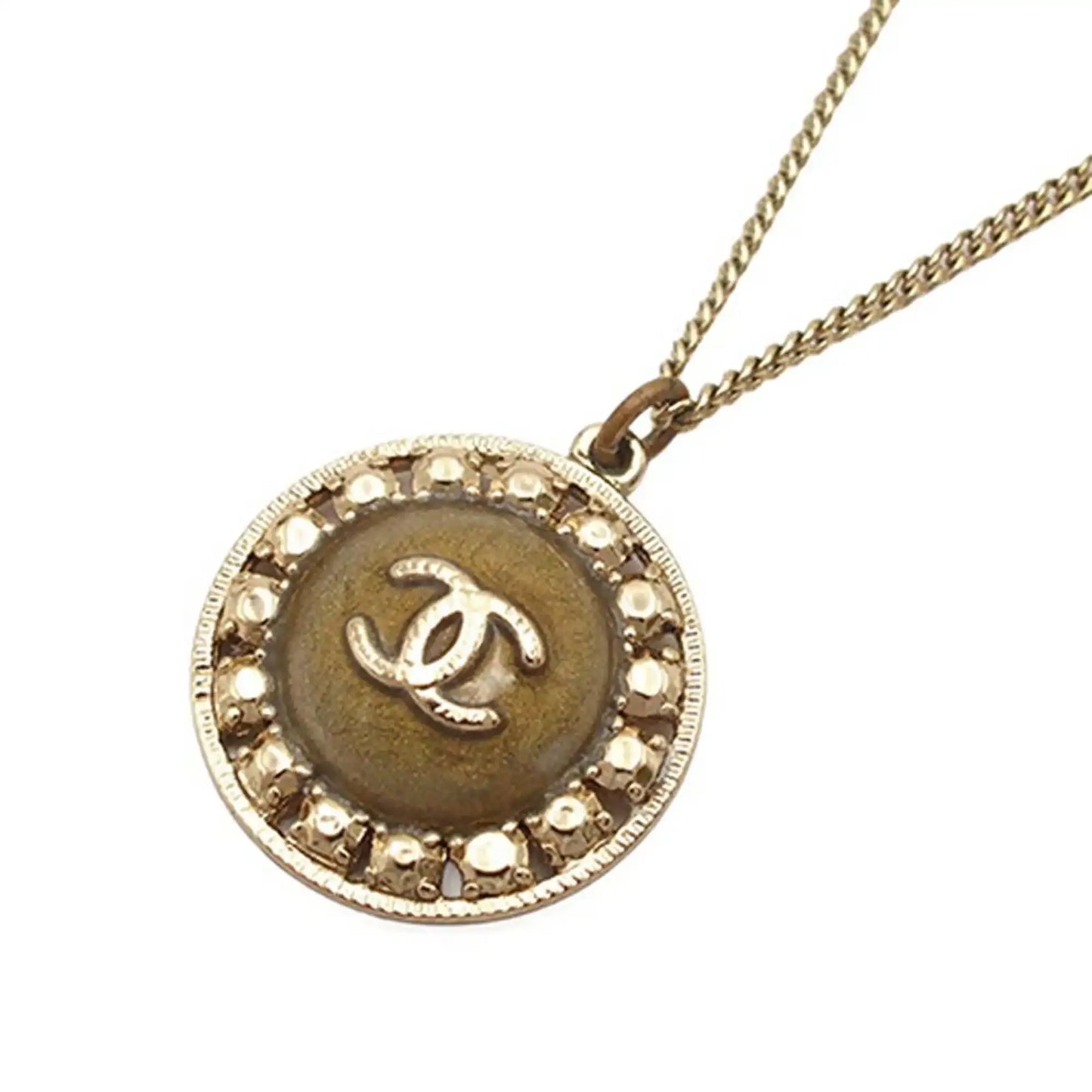 Chanel CC Gold Plated Round Pendant Necklace