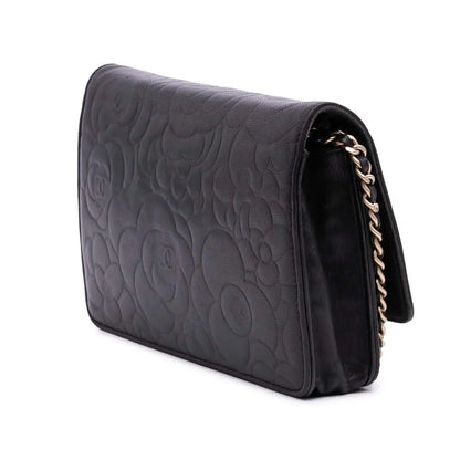 Chanel Lambskin Camellia Embossed Wallet On Chain