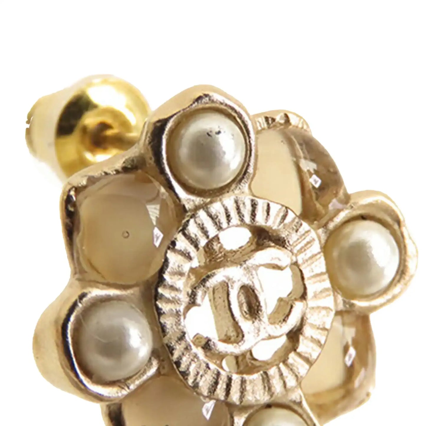 Chanel CC Gold Plated Resin and Faux Pearl Push Back Earrings