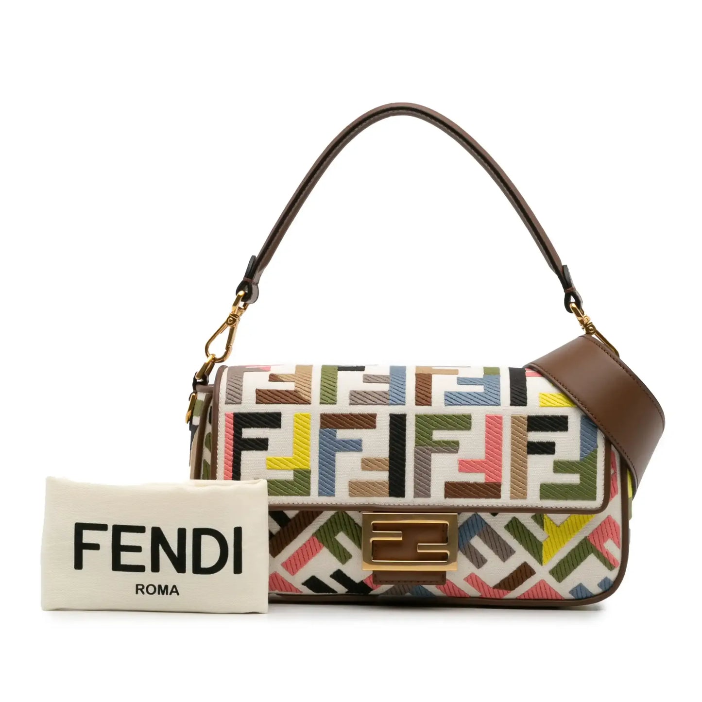 Fendi Zucca Canvas Embroidered Baguette Satchel